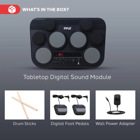 Compact Tabletop Electronic Drum Pad Kit With 8 Touch Sensitive Pads And Pedals, shown with accessories, perfect for practice.