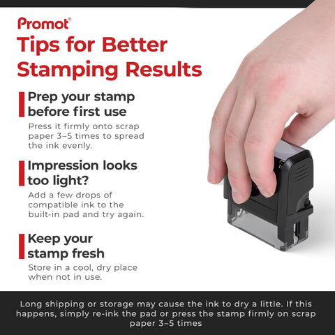 Hand demonstrating tips for Game Changer Self Inking Rubber Stamp With Fast Drying Red Ink For Business Checkout and Mailroom Tasks.