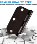 Oil Rubbed Bronze 3.5 Inch Door Hinges With 6 Holes And Five Eighths Radius Corners, includes visual of hinge on shattered surface