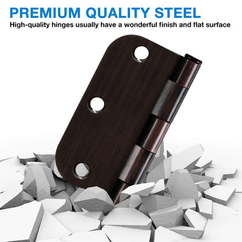 Oil Rubbed Bronze 3.5 Inch Door Hinges With 6 Holes And Five Eighths Radius Corners, includes visual of hinge on shattered surface
