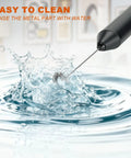 Handheld Milk Frother Battery Operated Electric Foam Maker Wand With Stainless Steel Whisk splashing water