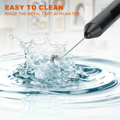Handheld Milk Frother Battery Operated Electric Foam Maker Wand With Stainless Steel Whisk splashing water
