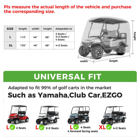 Heavy Duty Golf Cart Cover That’s Tough As Nails Fits 2 4 Or 4 Plus 2 Passenger Carts size chart and universal fit guide.