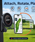 Heavy Duty Magnetic Golf Cart Phone Mount With Cup Hook locks your MagSafe iPhone tight, showing 360-degree rotation and app display.
