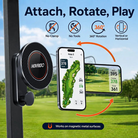Heavy Duty Magnetic Golf Cart Phone Mount With Cup Hook locks your MagSafe iPhone tight, showing 360-degree rotation and app display.