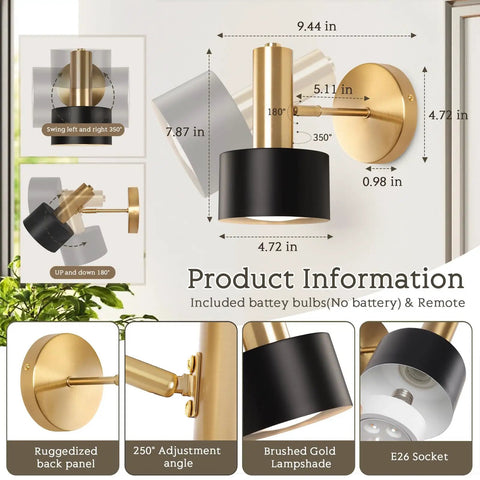Industrial Battery Operated Wall Sconces Set Of 2, Wireless Dimmable Wall Lights With Memory Function, Touch Dimming And Remote Control, 3000K To 6000K Color Temp, No Fuss Install For Living Room Bedroom Hallway