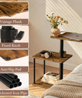C Shaped End Table With 360 Degree Swivel Height Adjustable Sofa Side Table With Storage Open Shelf 3 Tier Night Stand TV Tray For Small Spaces Rustic Brown Living Room Bedroom with vintage plank, fixed knob, anti-slip pad, and thickened iron pipe.