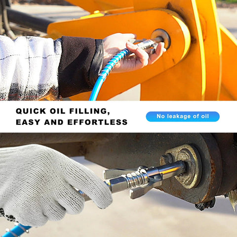 Grease gun coupler with blue hose and double-handle quick-release nozzle attached to a lubrication fitting.