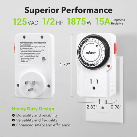 24 Hour Plug In Mechanical Timer With Grounded Outlet And Built In Pin Dial For Aquarium Grow Light Hydroponics Indoor Lighting ETL Listed