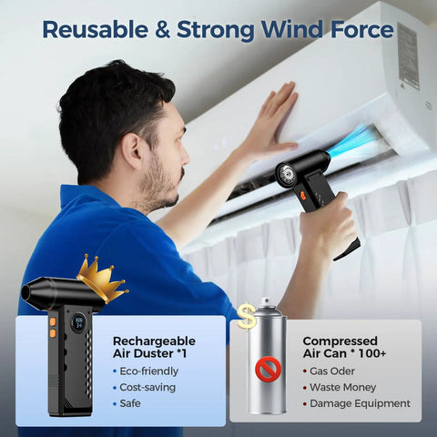 Person using Beast Mode 150000 RPM Cordless Air Duster with LED display to clean air conditioner