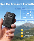 Person holding Mini Electric Bike Pump With Gauge And Auto Stop, USB C Rechargeable Jersey Pocket Ready Tire Inflator, 120 PSI display