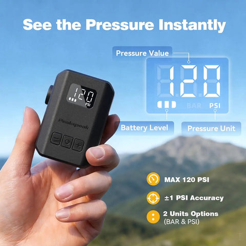 Person holding Mini Electric Bike Pump With Gauge And Auto Stop, USB C Rechargeable Jersey Pocket Ready Tire Inflator, 120 PSI display