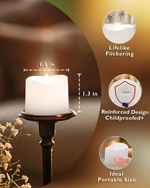 Flameless Tealight Candles With Remote Timer Battery Operated 12 Pack Warm White shown with size and features.
