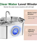 Stainless Steel Cat Water Fountain 108oz 3.2L With Water Level Window, Automatic Pet Fountain For Cats And Dogs with LED light