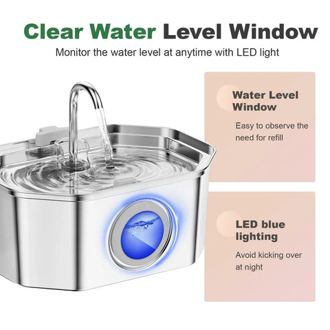 Stainless Steel Cat Water Fountain 108oz 3.2L With Water Level Window, Automatic Pet Fountain For Cats And Dogs with LED light