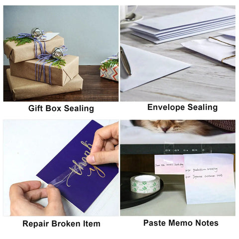 Collage of Value Pack 48 Clear Tape Rolls for Dispenser 3/4 x 1000 Inches Each 1 Inch Core Go-To Gift Wrapping Tape uses.