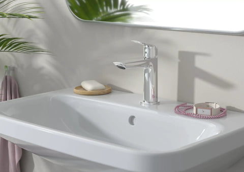Logis Fine 1 Hole Single Handle Bathroom Faucet For Vanity Chrome Finish 1.2 GPM Water Saving Sink Tap installed on white vanity
