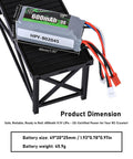 Beefy 11.1V 600mAh 3S LiPo Battery on black stand with JST PH2.0 MX2.0 connectors, dimensions text visible