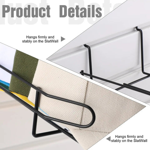 Four Piece Metal Hat Display Racks for Slat Wall measuring 13 by 7.9 by 3.8 inches, details of mounting on wall