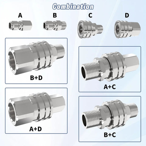 APOWER 8-piece stainless steel pressure washer quick-connect fittings kit with 3/8-inch male/female adapters.
