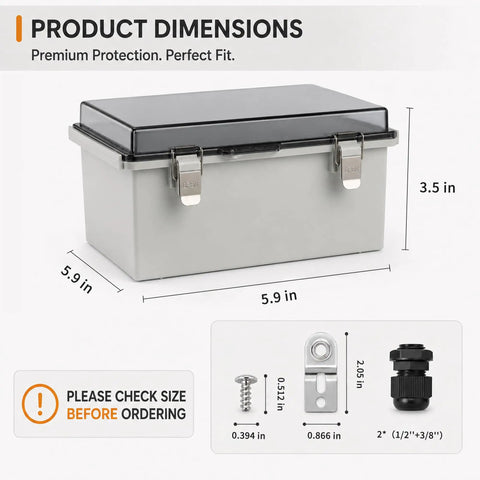 IP67 Waterproof Outdoor Junction Box With Hinged Cover And Cable Glands, Tough As Nails Heavy Duty ABS Electrical Enclosure With Rustproof 304 Stainless Steel Latches, Thick Rubber Seal, Weatherproof For Harsh Outdoor Use, 5.9 in