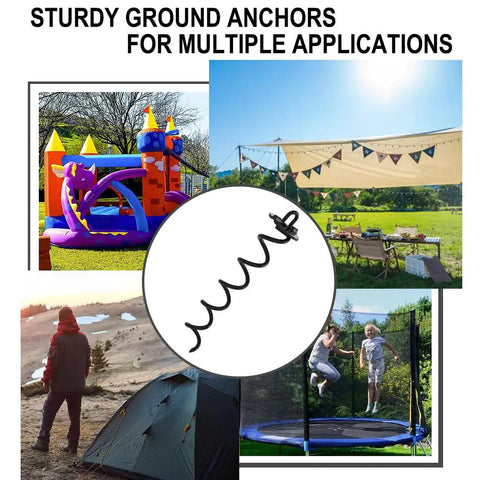Four Piece Spiral Stakes Beefy Heavy Duty Ice Screw Anchors securing trampolines, tents, tarps, and canopies with bonus tie down straps