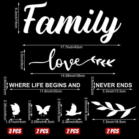 Dope 3D Acrylic Mirror Family Wall Decals Silver Finish set with quote, butterfly and leaf stickers details, dimensions shown