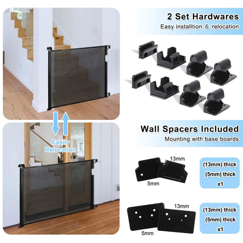 Retractable Baby Gate Extra Wide Mesh Safety Gate For Babies And Pets with wall spacers and hardware setup display