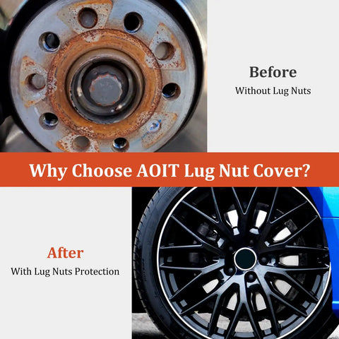 Comparison image showing before and after using 20Pcs Lug Nut Covers For 17mm Hex Bolts With Removal Tool Two Thirds Inch Wheel Nut Caps.
