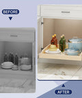 Before and after showing Smooth Glide Pull Out Cabinet Organizer Heavy Duty Wood Drawer Slide For Kitchen Base Cabinets And Pantry Storage.