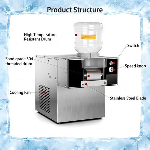 Heavy Duty Electric Ice Shaver Machine Crushing Blocks For Fluffy Snowflake Ice With Smart Air Cooling Setup Made For Food Trucks Milk Tea Shops And Patio Hangouts 750W Heavy Hitter showing stainless steel structure and cooling fan.