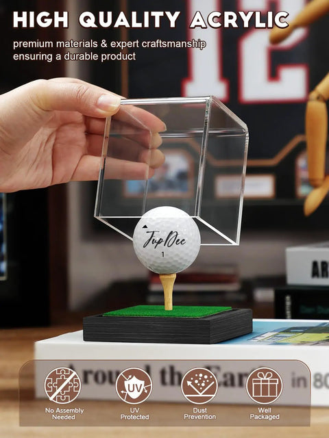 Clear Acrylic Golf Ball Display Case With Wood Base And Tee Dust Proof Memorabilia Stand For One Ball Black Finish Storage