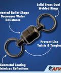 Brass Ball Bearing Swivels With Double Welded Rings Size 3 130 Lb Test Gunmetal Black 5 Pack, close-up with bullet shape