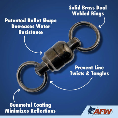 Brass Ball Bearing Swivels With Double Welded Rings Size 3 130 Lb Test Gunmetal Black 5 Pack, close-up with bullet shape