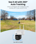 4K 8MP Outdoor Security Camera With Pan And Tilt, Wireless Home Surveillance, Dual Band WiFi 2.4GHz And 5GHz, Auto Tracking, Full Color Night Vision, Two Way Audio, IP66 Weatherproof, Plug In No Subscription Fees demonstrated with 360-degree auto tracking in open yard area