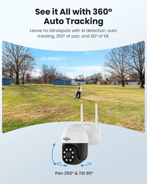 4K 8MP Outdoor Security Camera With Pan And Tilt, Wireless Home Surveillance, Dual Band WiFi 2.4GHz And 5GHz, Auto Tracking, Full Color Night Vision, Two Way Audio, IP66 Weatherproof, Plug In No Subscription Fees demonstrated with 360-degree auto tracking in open yard area