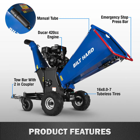 Towable 6 Inch Wood Chipper With Electric Start 15HP 420cc Gas Powered Engine Beast Drum Mulcher Heavy Duty with features