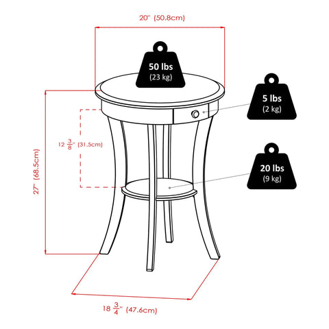 Diagram of Sasha Round Accent Table With Drawer And Shelf In Black Finish Modern End Table, dimensions and weight capacity shown.