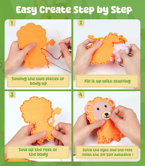 Steps of Kids Beginner Sewing Kit With Felt Crafts For Ages Six And Up, DIY Jungle Stuffed Animals Making Set shown.