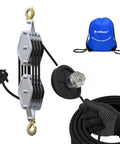 Beefy Heavy Duty Block And Tackle Pulley System 2200Lb Capacity With 4 Wheel Rope Hoist 7 To 1 Lifting Power shown with rope and bag.