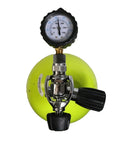 Yoke Valve Tank Pressure Checker For Scuba Diving Accurate 5000 PSI And 350 BAR Gauge attached to a yellow scuba tank