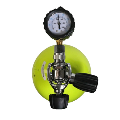 Yoke Valve Tank Pressure Checker For Scuba Diving Accurate 5000 PSI And 350 BAR Gauge attached to a yellow scuba tank