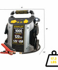 1000 Peak Amp Jump Starter With USB Power And 12V Outlet Portable Car Battery Booster, shown with air compressor and clamps