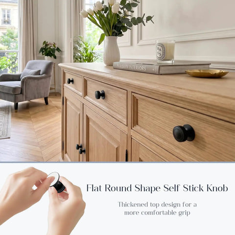 4 Pack Flat Round Self Stick Cabinet Handles Set Matte Black Stainless Steel Adhesive Pulls on a wooden cabinet in living room