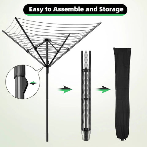 Heavy Duty Outdoor Umbrella Drying Rack With 360 Degree Rotating Drying Arms Height Adjustable Clothesline folded view