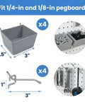 Pegboard Bins and Hooks Set Four Pack Open Front Small Parts Organizer for Screws Nails Nuts Bolts Tools with Two Inch Hooks for Quick Grab Garage Workshop Wall Storage showing bins and hooks on pegboard.