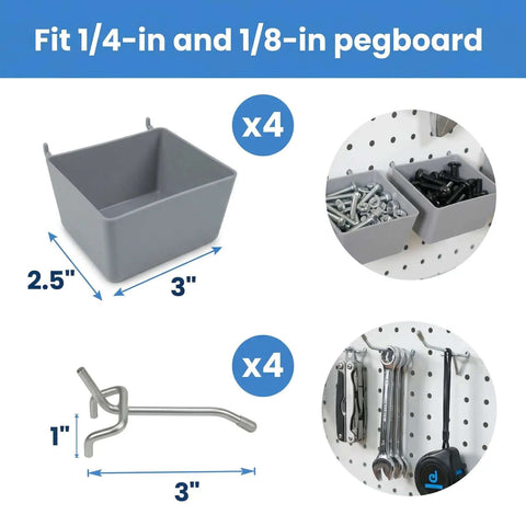 Pegboard Bins and Hooks Set Four Pack Open Front Small Parts Organizer for Screws Nails Nuts Bolts Tools with Two Inch Hooks for Quick Grab Garage Workshop Wall Storage showing bins and hooks on pegboard.