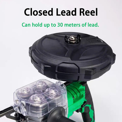 NYANS Portable Cordless Electric Wire Puller with Automatic Stringing And Infinitely Variable Speed Control Featuring Adjustable 90 Degree Spring Rod For Pipe Decoration Or Communication Cable Wiring With Built In LED Lighting And Fast Forty Meters Per closed lead reel holding 30 meters of lead.