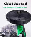 Straight Up Hassle Free Cordless Electric Wire Puller With Infinite Speed Control And Built In Led Lamp showing a closed lead reel holding 30 meters of lead.