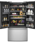 Open refrigerator filled with various groceries including drinks, fruits, and dairy products on visible shelves.